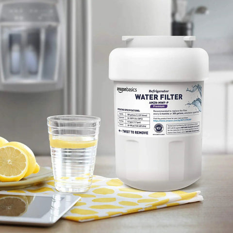 GE MWF Refrigerator Water Filter Cartridge With Dope Filtration And Advanced Filtration on kitchen counter with lemon water