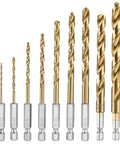 9-piece titanium-coated HSS drill bit set with 1/4 in hex shanks; sizes 1/16 in to 3/8 in for metal, steel, wood, PVC