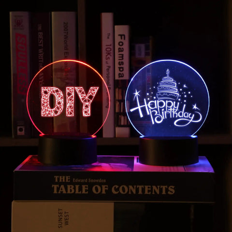 24 Pack 3D Night Light Bases With Clear Acrylic Sheets Remote Controls And USB Cables DIY Acrylic Lamp Base Kit With 16 Color Adjustable LEDs For Room Office Cafe Bar Shop Decor Round glowing DIY and Happy Birthday designs