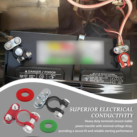 Heavy Duty Car Battery Terminals Including Positive And Negative Connectors For Rock Solid Connections Compatible With Trucks Boats And Daily Rides in engine bay.