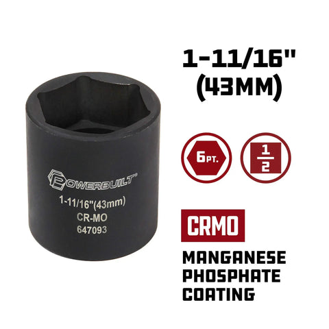 Dodge Spindle Nut Socket, Half Inch Drive, Six Point, One And Eleven Sixteenths Inch, Heavy Duty Impact Rated Chrome Vanadium