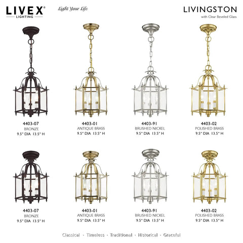Three Light Brushed Nickel Hanging Lantern Or Flush Mount Chandelier With Clear Beveled Glass, Livingston, 9.5" Dia, 13.5" H