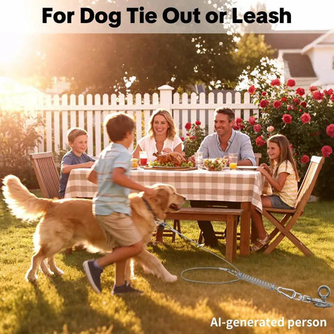 Heavy Duty Rustproof Stainless Steel Dog Tie Out Shock Absorber Spring with family enjoying outdoor meal, dog running nearby.