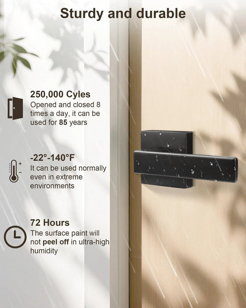 Straight Up Smooth Matte Black Passage Door Handles Two Pack Interior Closet Lever Hardware Non Locking Keyless Design for Hallways with details on durability.