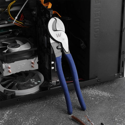 Hardcore Heavy Duty 10 Inch Cable Cutter, High Leverage Wire Cutters For Copper Aluminum And Coaxial, Slick Ergonomic Handle beside computer components.