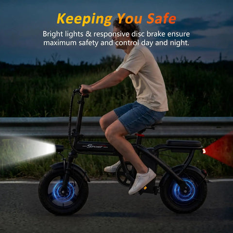 Rider on Powerful 1200W Peak Motor Foldable Ebike For Adults With 25 MPH Top Speed 45 Mile PAS Range in evening commute