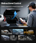 Technician using Bi Directional OBD2 Bluetooth Scanner For iPhone And Android with car diagnostics display