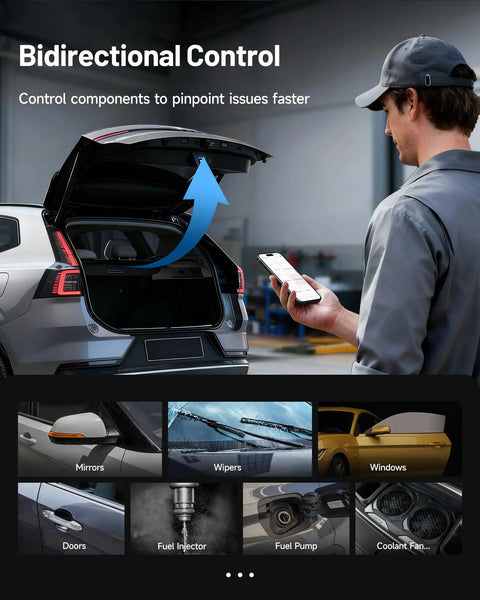 Technician using Bi Directional OBD2 Bluetooth Scanner For iPhone And Android with car diagnostics display