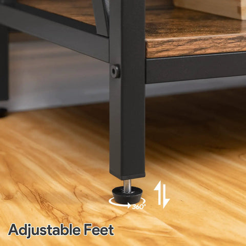 Game Changer Three Tier Industrial Console Table With Real Deal Storage Shelves Narrow Sofa Table showing adjustable feet for stability.
