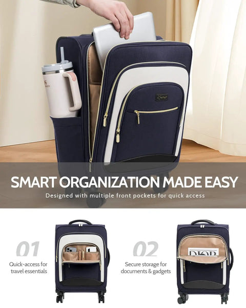 Flight Ready Carry On Luggage 22x14x9 Inches Airline Approved Softside 20 Inch Spinner Wheels shown with open pockets and contents