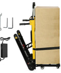 Huge Upgrade Electric Stair Climber Dolly showcasing a cardboard box, tools, and charger for heavy-duty stair transport.