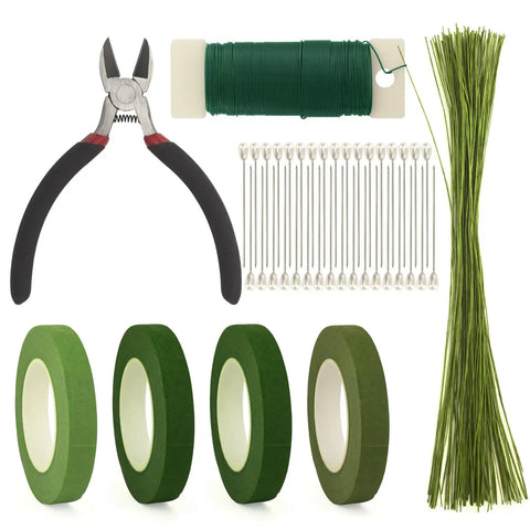 DIY Floral Arrangement Kit With Green Floral Tape And Floral Wire, Wire Cutter Tools, Boutonniere Pin, And Stem Wrap Supplies For Bouquets
