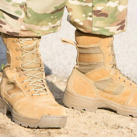 Rugged 8 Inch Tactical Boot For Men In Coyote Brown With Tough As Nails Ankle Support Fast Lace System Durable Outsole AR 670 1 Compliant Size 5.5 M US worn with camouflage pants
