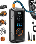 Portable Tire Inflator Air Compressor With Digital Pressure Gauge, Cordless 12V DC Pump displayed with cars, bike, and accessories