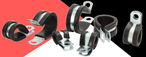 Beefy 3/8 Inch Rubber Cushioned Steel Cable Straps 10 Pack For Heavy Duty Wiring With 1/4 Inch Mount Hole Holds Single Wires Or Bundles Up To 3/8 Inch Tougher Than Nylon Clamps on a colored background