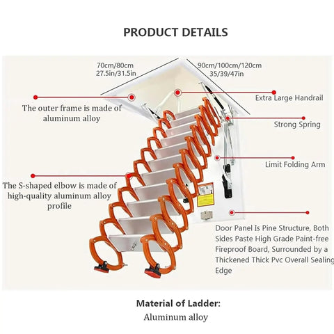Heavy Duty Electric Attic Ladder With Foldable Retractable Tracks For Straight Up Indoor Outdoor Loft Climb detailed view of aluminum frame and components.