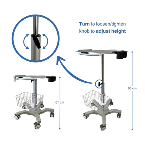 Must Have Height Adjustable Mobile Ultrasound Cart With Probe Holders Wire Basket And Lockable Wheels For Laptop Style Machines shown with height adjustment details
