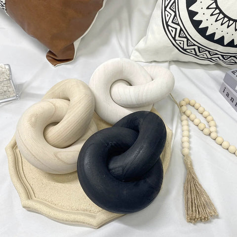 Two Link Wood Chain Decor Hand Carved Boho Farmhouse Style with black pine wood knot on a decorative tray.