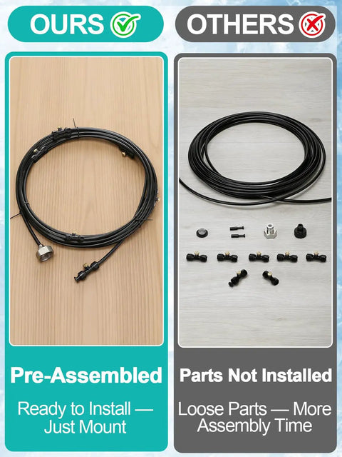 Effortless Chicken Coop Misting System pre-assembled 26 feet line with 3/4 inch adapter vs unassembled kit for cooling setup.