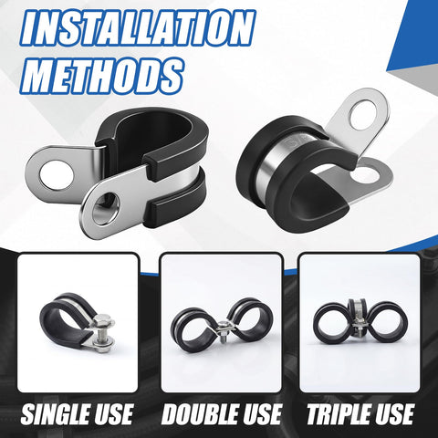 Fifty Pack Three Eighths Inch Stainless Steel Cable Clamps With Rubber Coated Cushioned Holders showing single, double, and triple use options.