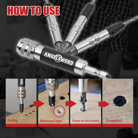 Pro Grade Premium Countersink Drill Bit Set With Flip Drive For Wood 6 8 10 Sizes shown in use on a wood board.