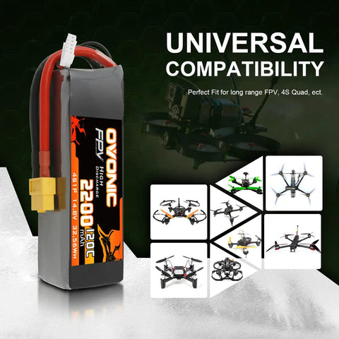 4S 14.8V 2200mAh 120C LiPo Battery With XT60 Connector For RC FPV Racing Drones And Quadcopters shown with compatible models
