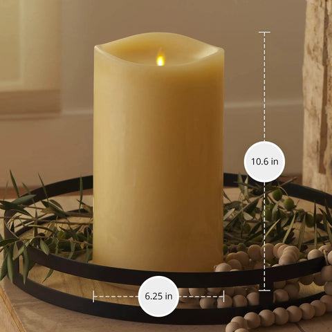 Ivory Grand Pillar Flameless LED Candle With Moving Flame, Battery Powered Real Wax, 6.25 x 10.6 inch, on a tray
