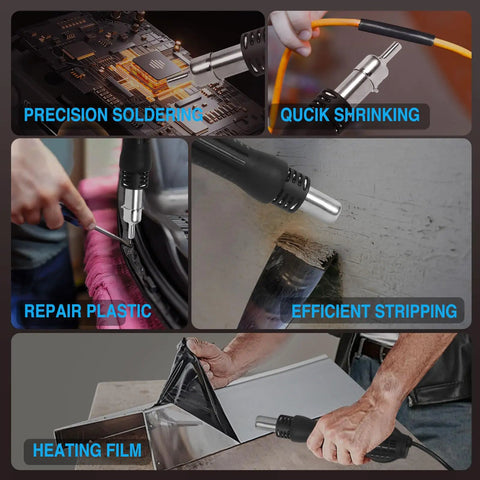 Hot Air Rework Station 110V SMD Soldering Kit With Heat Gun Pro Grade Adjustable Airflow Celsius Fahrenheit Temperature Display Easy Desoldering And Electronics Repair For DIY Tech Fixes in use for precision soldering, shrinking, stripping, plastic repair, and film heating.