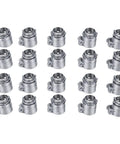 Top Shelf Twenty Pack Of 3/4 Inch Zinc Alloy Squeeze Connector Conduit Fittings arranged in two rows for flexible wiring use.