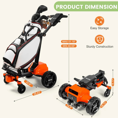 Smooth Operator Auto Follow Electric Golf Push Cart With Smart Remote App Controls showing dimensions and sturdy construction.