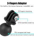 3-finger adapter for GoPro, DJI, Insta360; TPU ball head with anti-slip; steel nut; compatible with RAM B-size mounts.