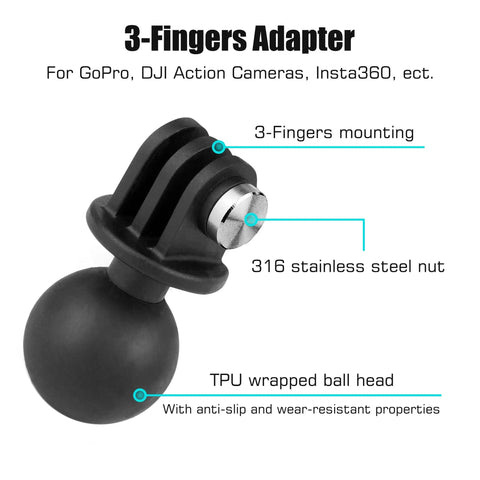 3-finger adapter for GoPro, DJI, Insta360; TPU ball head with anti-slip; steel nut; compatible with RAM B-size mounts.