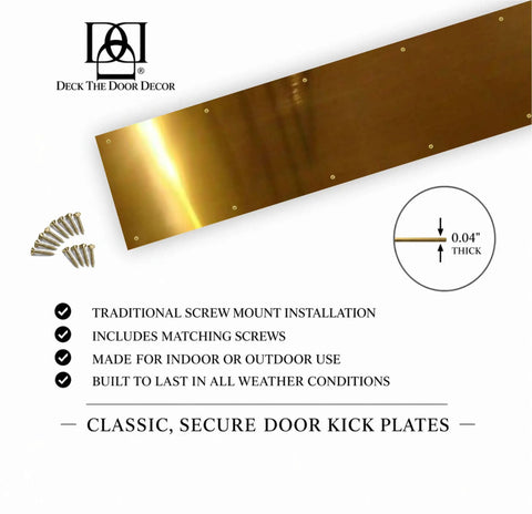 Durable Door Kick Plate Anodized Aluminum Screw Mount Exterior Shield in Shiny Brass finish with matching screws shown.