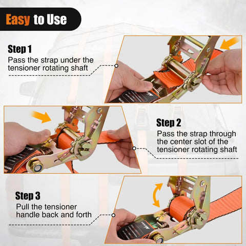 Step-by-step guide on using Built Tough 2 Inch By 30 Foot Flat Hook Ratchet Straps for cargo tie downs.