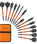 Jorgensen 14-piece spade drill bit set with quick-load connector, orange storage pouch, 1/4–1-1/2 in bits front view