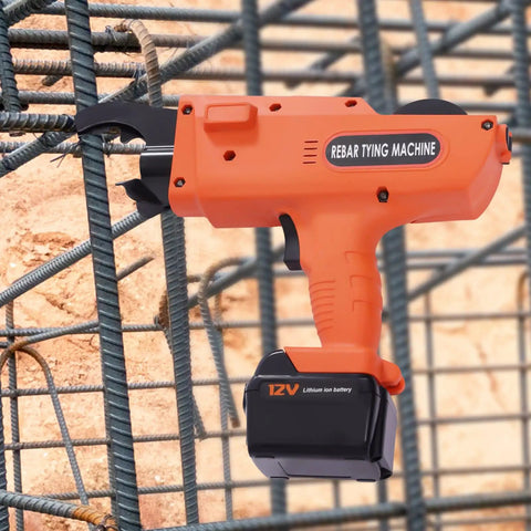 Workhorse Rebar Tie Gun 30 Mm To 60 Mm Cordless Tying Tool securing rebar on construction site with orange handheld design