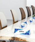 12 Pack Clear Acrylic Desk Name Plates Three By Eight Point Five Inches Thick Two Point One Millimeters Lightweight 110g Each Reusable Name Tent Holders For Office Meetings Conferences And Business Events on a marble table with chairs