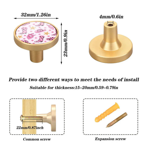 Pink Cowboy Boot Cabinet Knobs 4 Pack Round 1 1 4 Inches Drawers Pulls For Dresser And Kitchen Cabinets with golden base.
