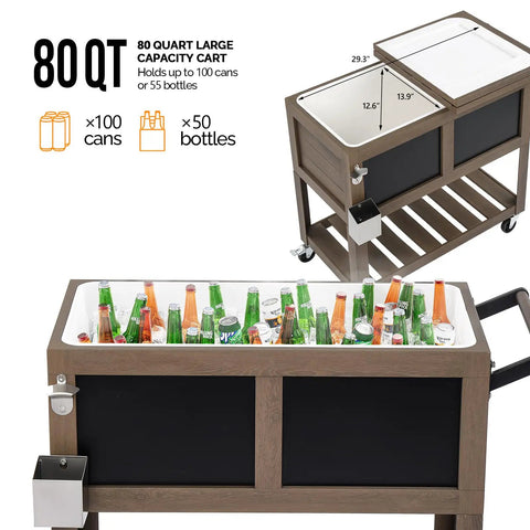 80 Qt Rolling Patio Cooler with Bottle Opener and Shelf for Backyard Hangouts and Gatherings, solid taupe brown design