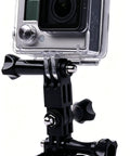 3 Way Adjustable Action Camera Pivot Arm Kit With Long And Short Extensions, Same And Vertical Direction Joints, Polycarbonate Mounts, Includes Four Long And Short Pivot Arms And Four Thumbscrews For Flex Shot Angles. Mounted action camera on black polycarbonate pivot arm