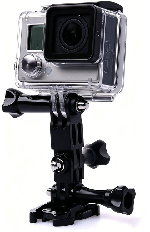 3 Way Adjustable Action Camera Pivot Arm Kit With Long And Short Extensions, Same And Vertical Direction Joints, Polycarbonate Mounts, Includes Four Long And Short Pivot Arms And Four Thumbscrews For Flex Shot Angles. Mounted action camera on black polycarbonate pivot arm