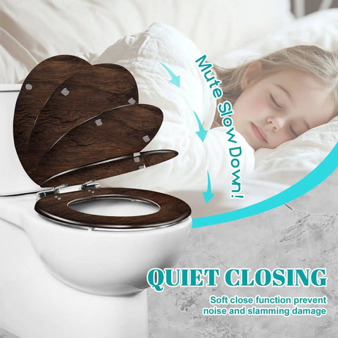 Generic Toilet Seat Replacement Round Slow Quiet Close Resin Wood Bathroom with soft close feature on toilet.