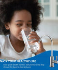 Slick Brushed Nickel Reverse Osmosis Drinking Faucet For Kitchen Or Bar Sink With No Sweat Install Solid Construction And Drip Free Flow For A Straight Up Healthy Home Setup with child drinking water.