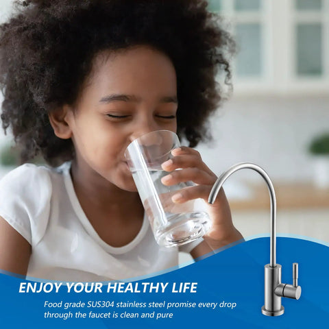 Slick Brushed Nickel Reverse Osmosis Drinking Faucet For Kitchen Or Bar Sink With No Sweat Install Solid Construction And Drip Free Flow For A Straight Up Healthy Home Setup with child drinking water.