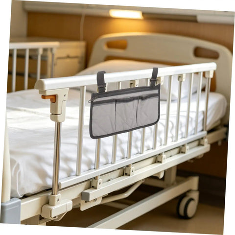 Bed Rail Organizer Bag With Adjustable Strap And Four Storage Pockets Gray Bedside Hanging Caddy attached to hospital bed rail