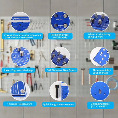 NAMOKA wall-mounted thread checker board for nuts and bolts; identifies 31 SAE and Metric sizes; blue aluminum plate.