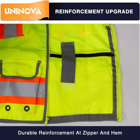 Close-up of Surveyor Safety Vest With Reflective Strips ANSI Class 2 highlighting reinforcement at zipper and hem