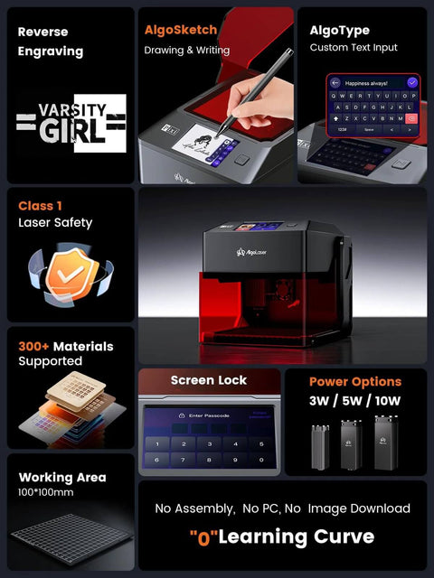 AlgoLaser 10W portable laser engraver with black body and 3.5-inch touchscreen