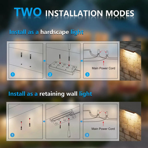 Diagram showing two installation modes for Eight Pack 4 Inch Retaining Wall Lights Waterproof LED Hardscape Lighting Cuttable Low Voltage Landscape Lighting 12V Paver Lights 1.5W Outdoor Step Lights 2700K Soft White ETL Listed