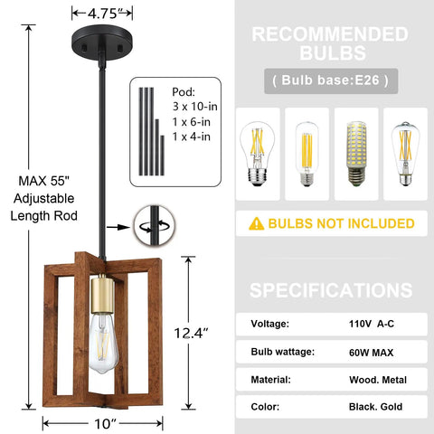 Farmhouse Gold Natural Wood Pendant Lights 2 Pack With Black Metal Frame Dope Rustic Ceiling Fixtures dimensions and bulb specs